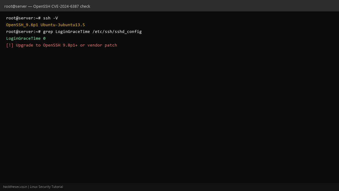 OpenSSH version check and mitigation commands on Linux terminal