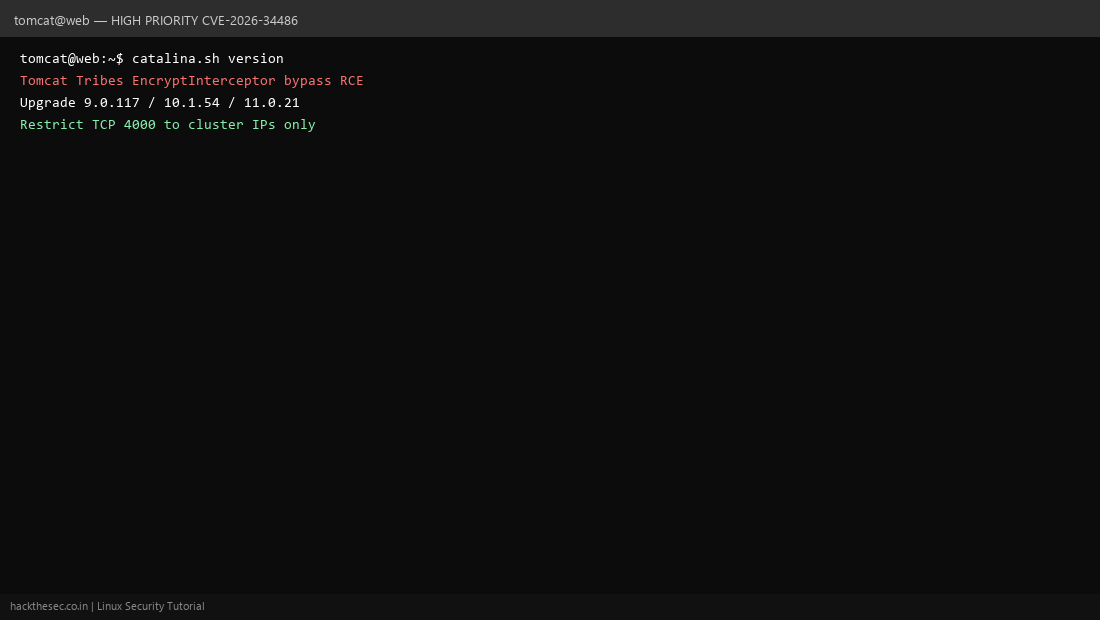 Apache Tomcat Tribes patch CVE-2026-34486 EncryptInterceptor bypass RCE