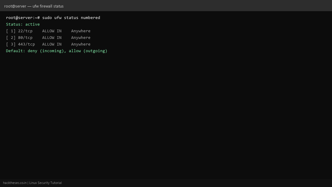 Linux ufw firewall status showing allowed SSH and web ports