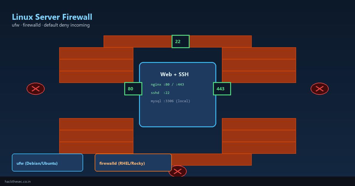 Linux server firewall diagram showing ufw and firewalld blocking unauthorized traffic