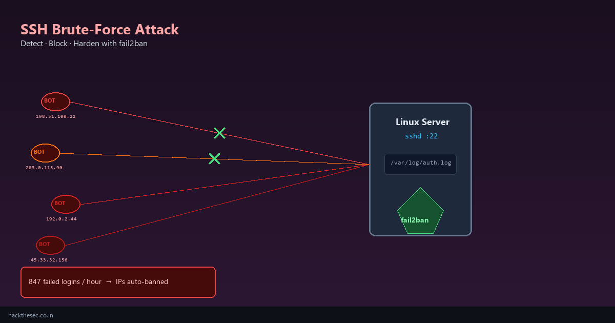 SSH brute-force attack diagram showing bots blocked by fail2ban on Linux server