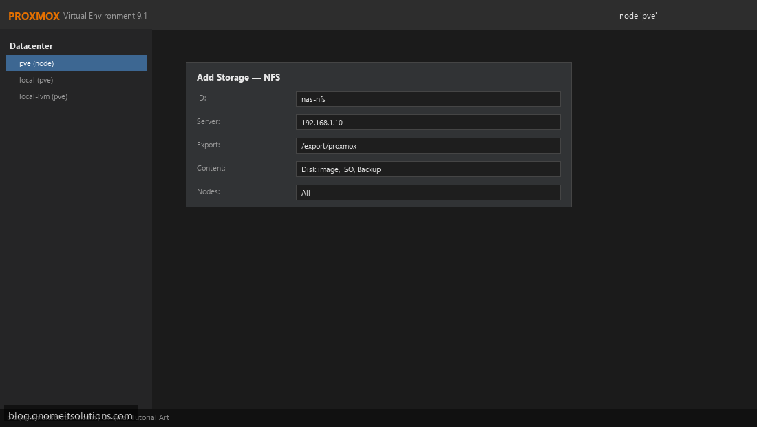 Proxmox add NFS storage dialog