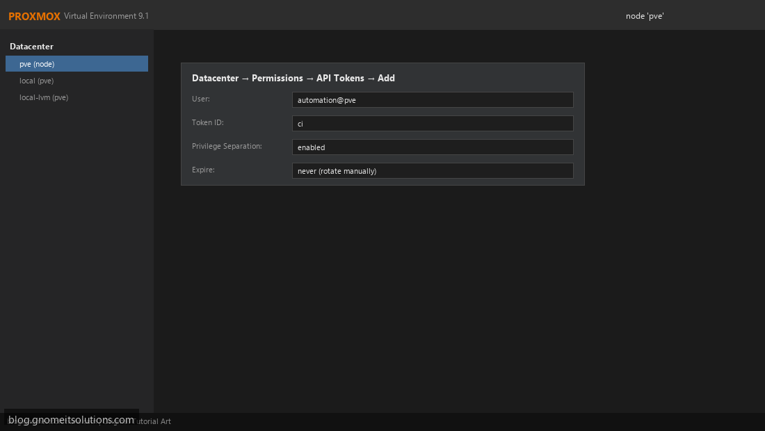 Proxmox API token creation with privilege separation