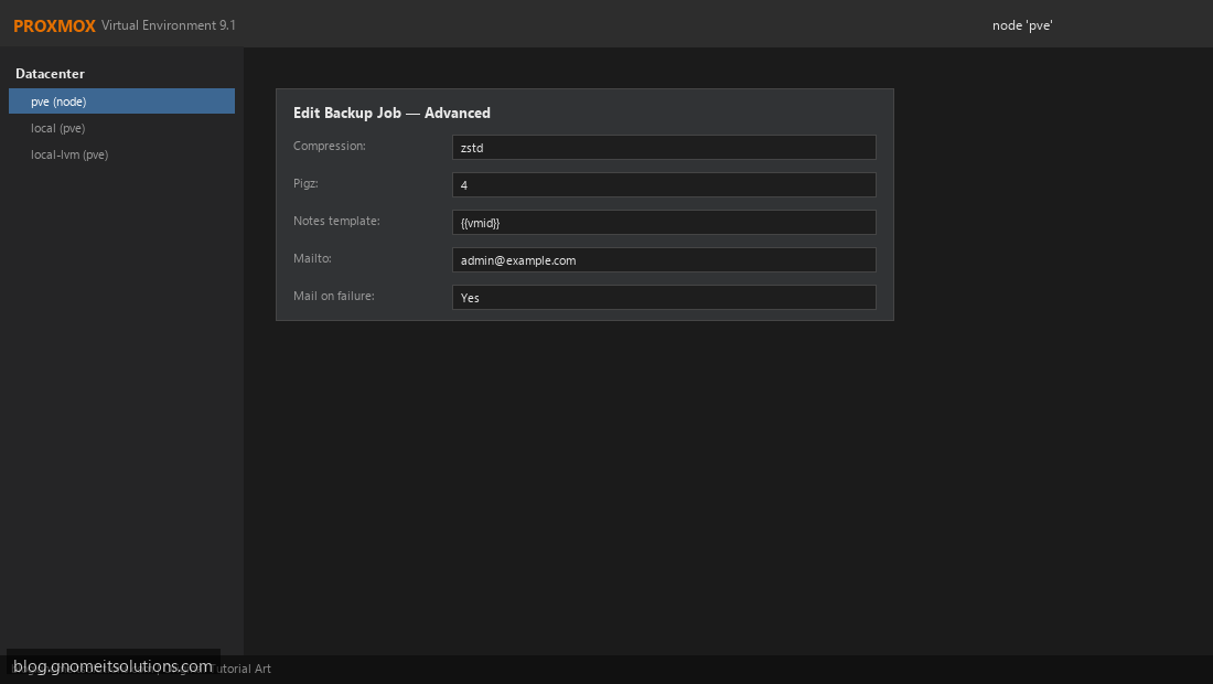 Proxmox backup job advanced email options