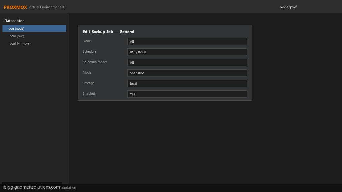 Proxmox backup job general settings tab