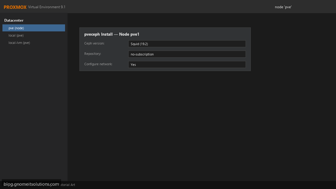 Proxmox Ceph install dialog node package installation