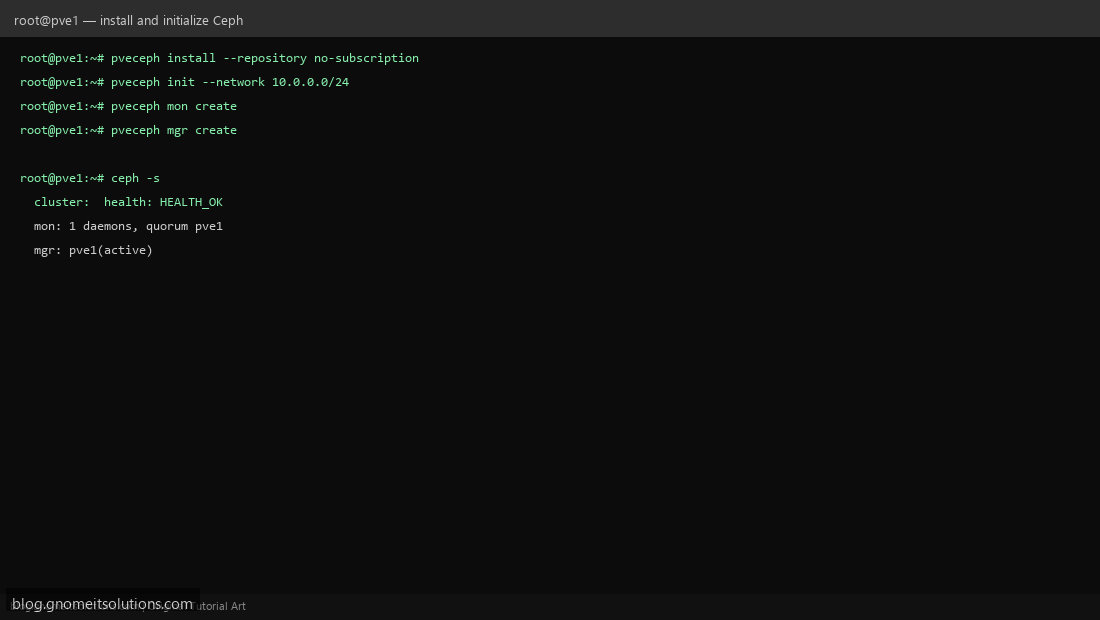 Proxmox Ceph install and network initialization terminal