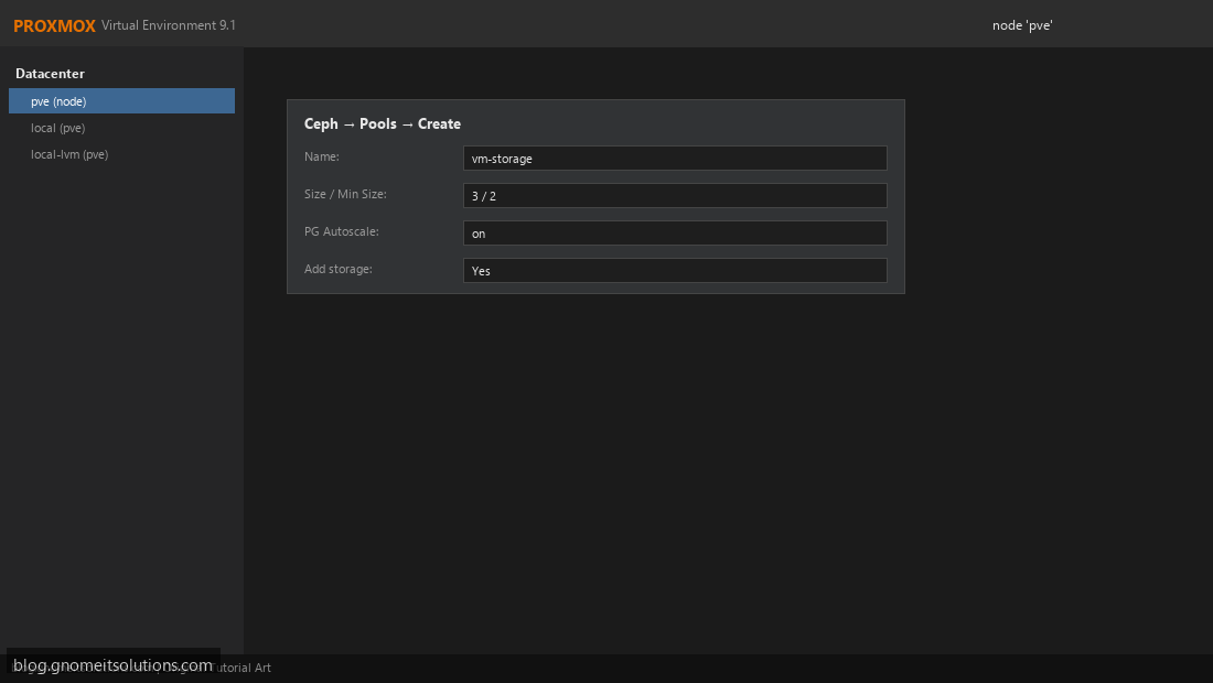 Proxmox Ceph pool creation with size and min size replication