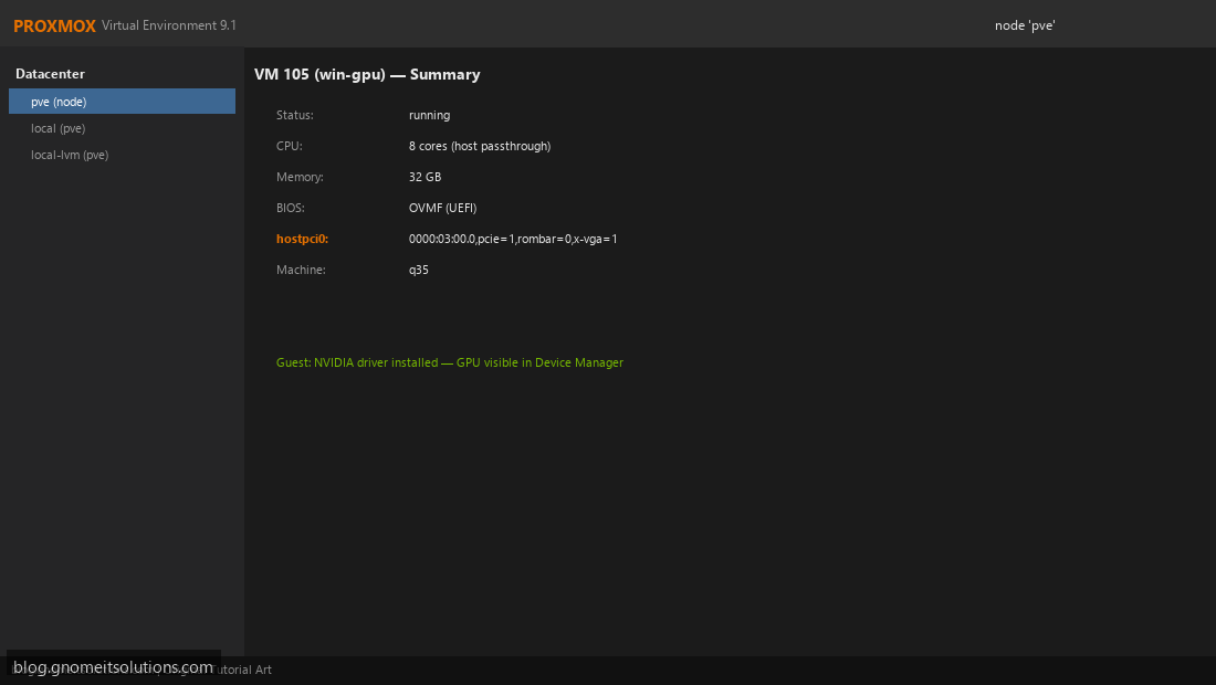 Proxmox Windows GPU VM summary hostpci NVIDIA driver installed