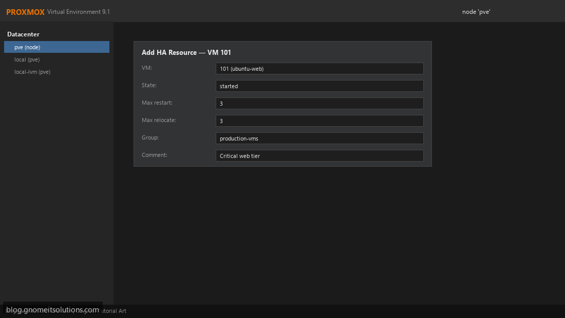 Proxmox HA resource configuration VM failover production