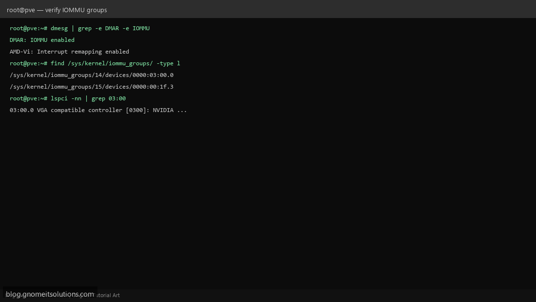 Verify IOMMU groups lspci GPU Proxmox passthrough