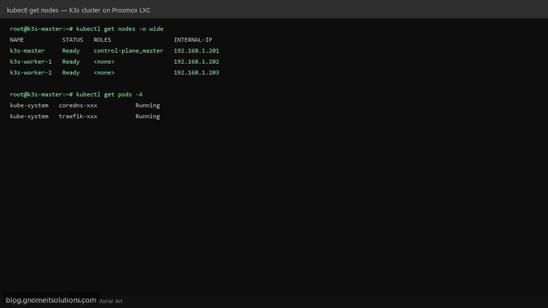 kubectl get nodes K3s cluster Proxmox LXC workers ready