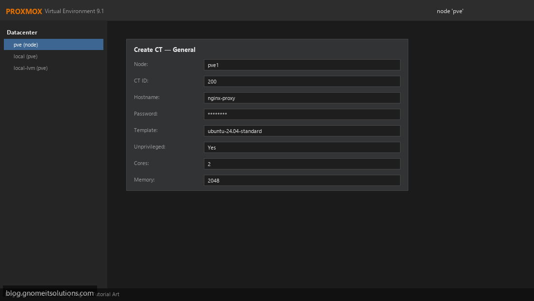 Create Proxmox LXC container for K3s master node