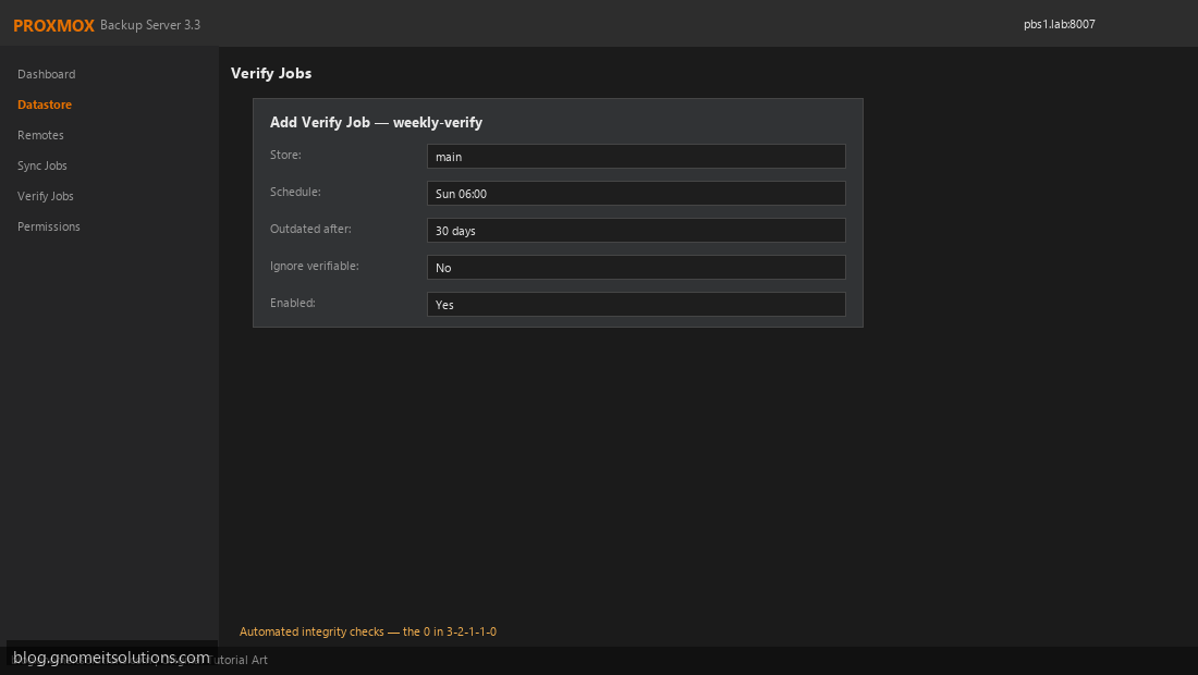 Proxmox Backup Server automated verify job configuration
