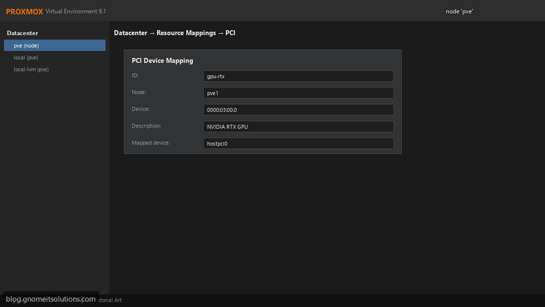 Proxmox PCI device mapping GPU passthrough datacenter