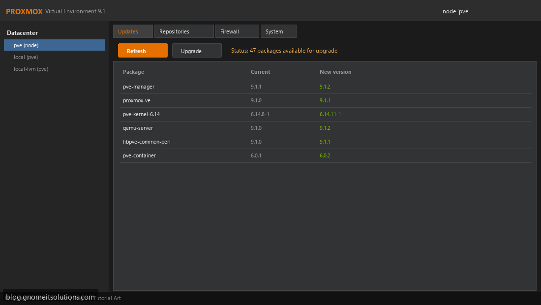 Proxmox 9.1 updates tab refresh