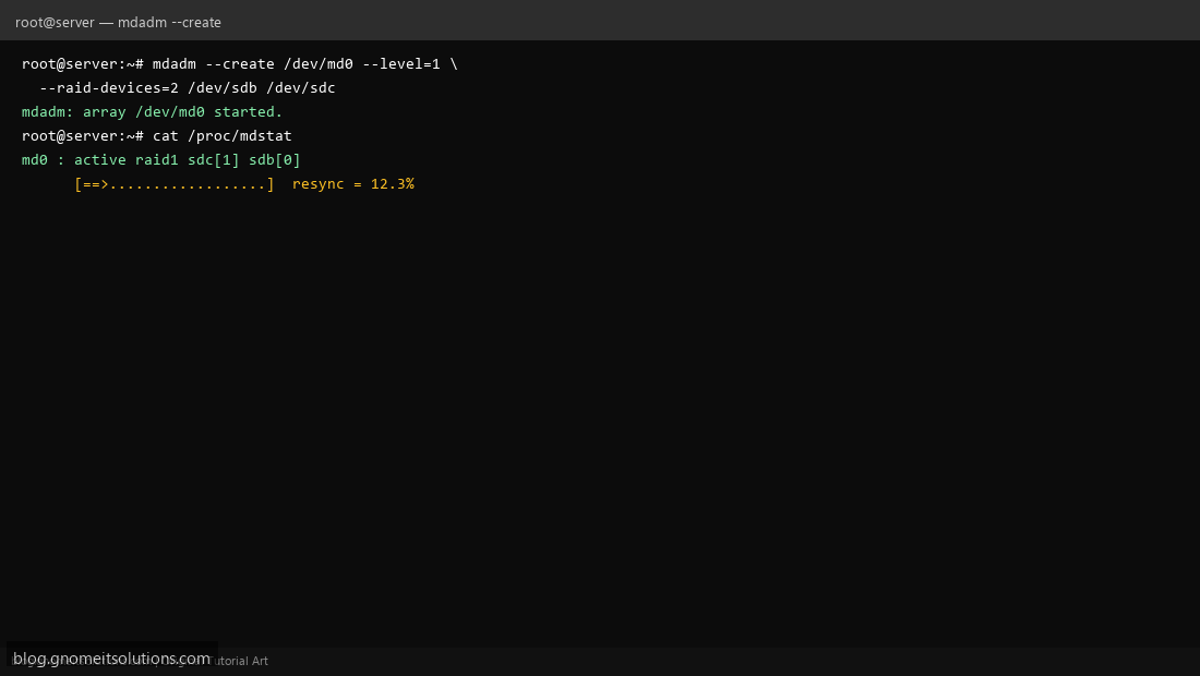 Creating RAID1 array with mdadm and monitoring initial resync