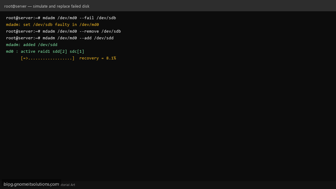 Simulating disk failure and rebuilding RAID array on replacement disk