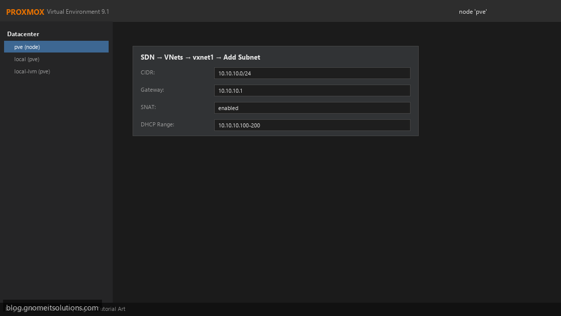 Proxmox SDN subnet configuration with DHCP and SNAT