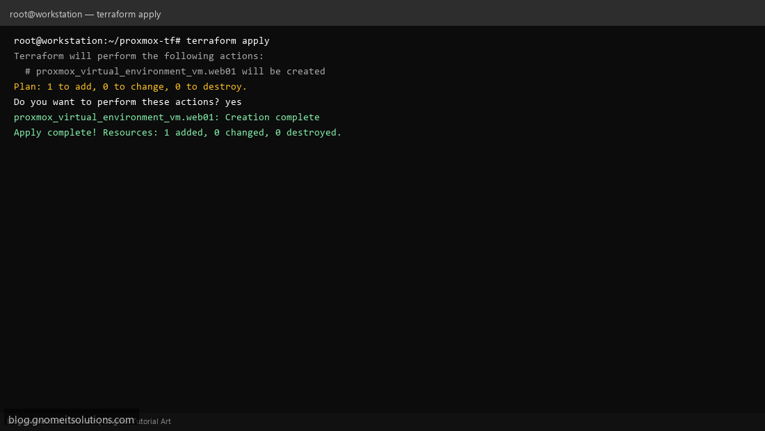 Terraform init and plan output for Proxmox VM creation