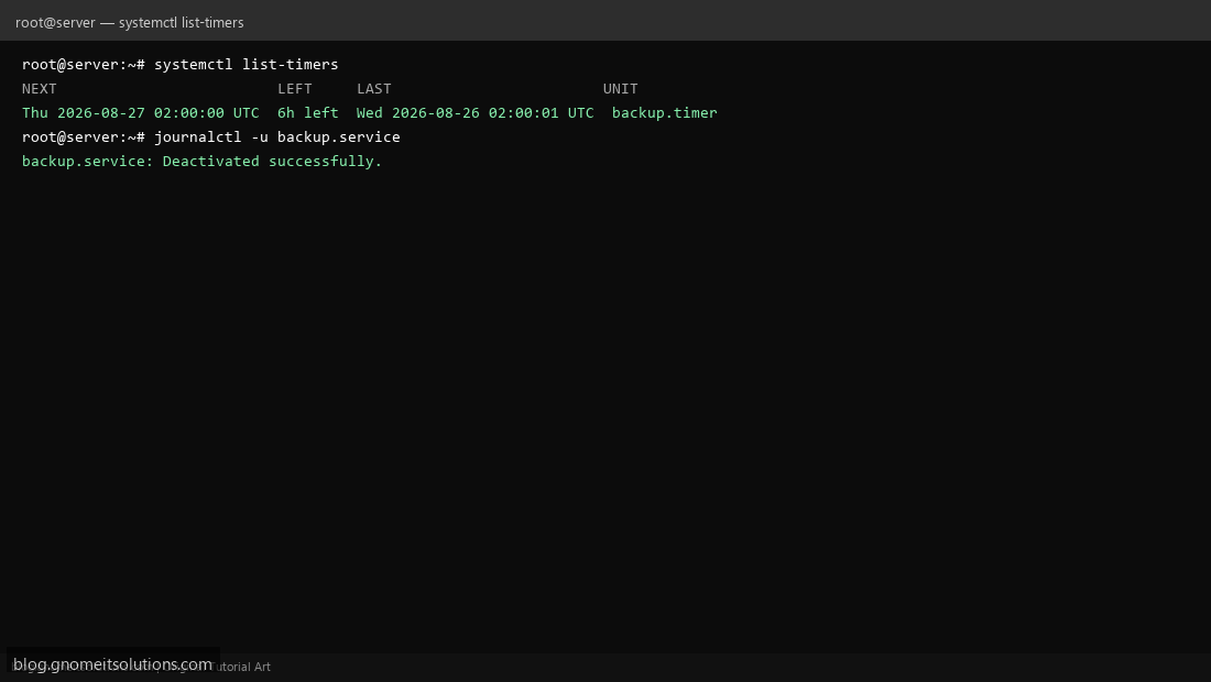 systemctl list-timers showing next run and journalctl logs