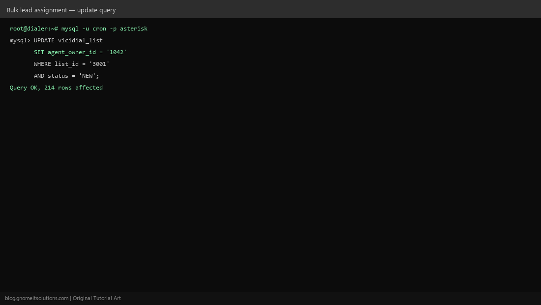 Bulk SQL update assigning ViciDial leads to an agent owner