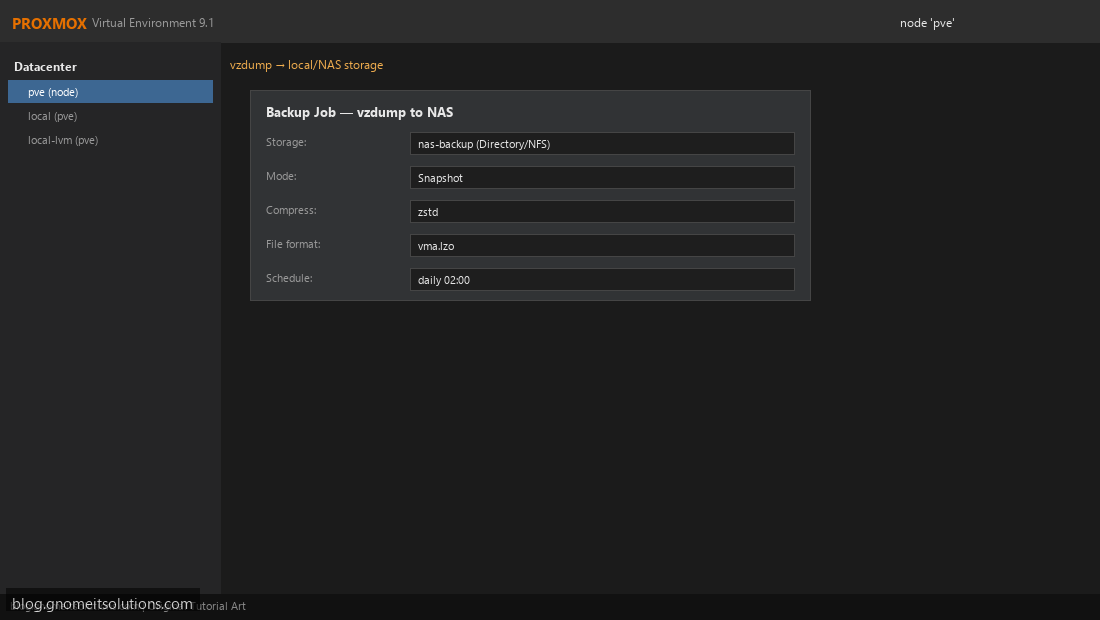 Proxmox vzdump backup job to NAS directory storage