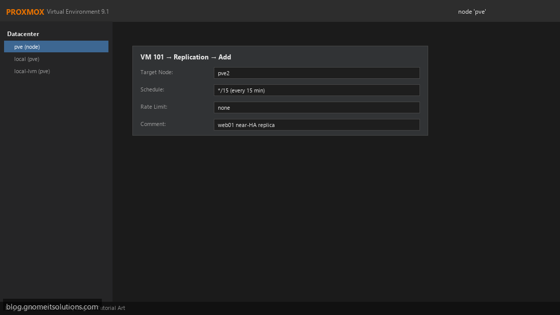Creating Proxmox ZFS replication job targeting second node