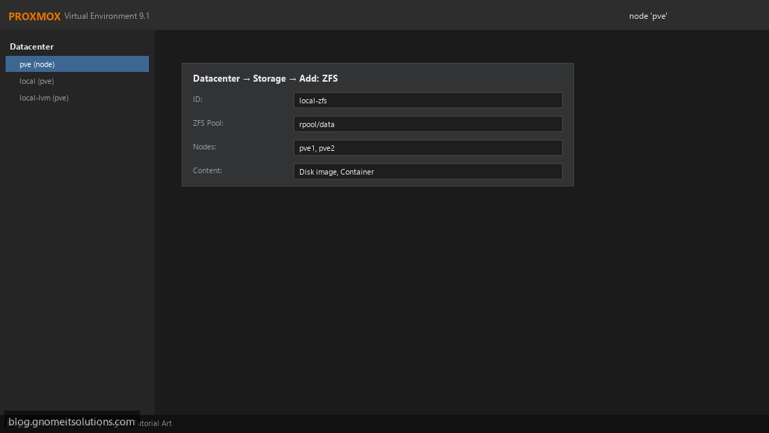 Proxmox ZFS storage pool confirmation on both nodes