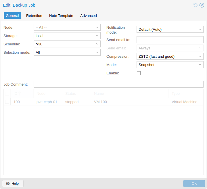 Proxmox edit backup job general settings