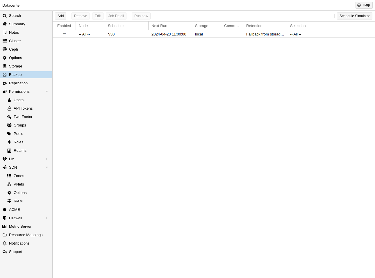 Proxmox datacenter backup job overview