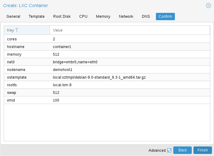 Proxmox Create CT confirm summary