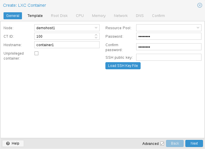 Proxmox Create CT wizard general tab
