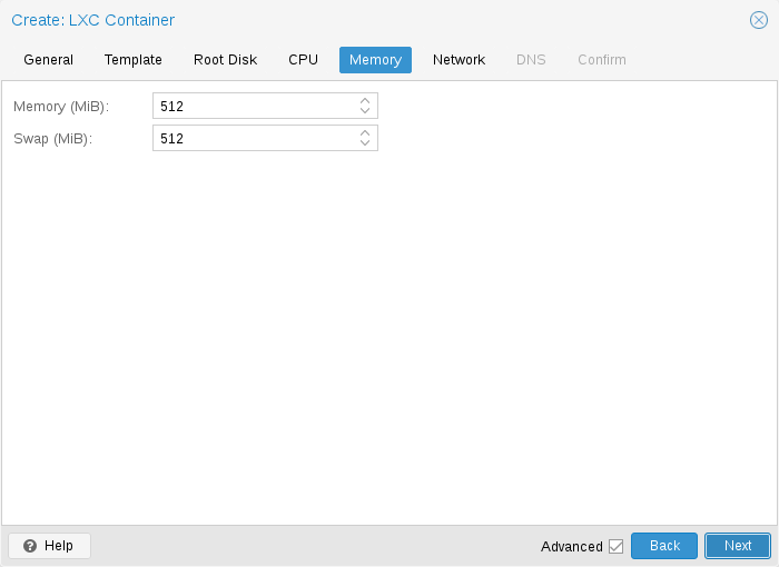 Proxmox Create CT memory settings