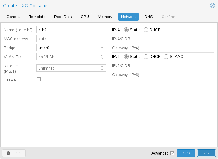Proxmox Create CT network bridge vmbr0
