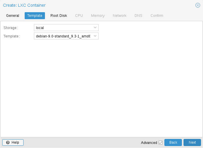Proxmox Create CT template selection