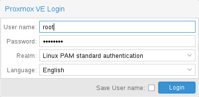 Proxmox VE web interface login window port 8006