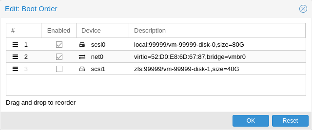 Proxmox VM hardware boot order settings