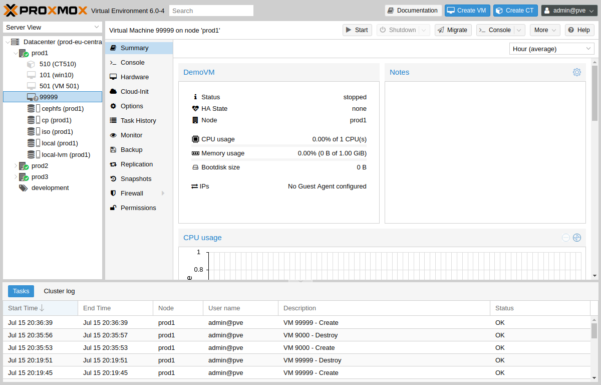Proxmox VM summary view select virtual machine