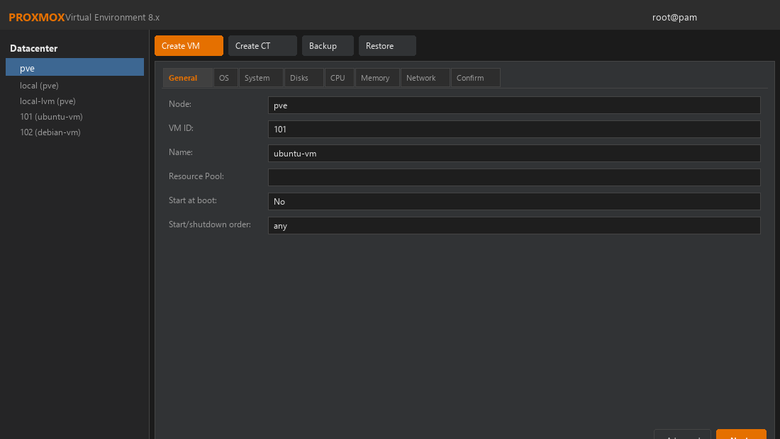 Start Create VM wizard in Proxmox