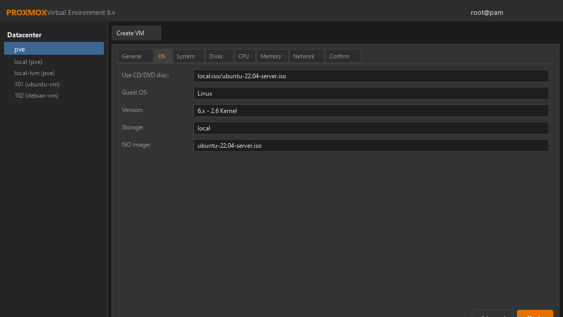 Select ISO image for Proxmox virtual machine
