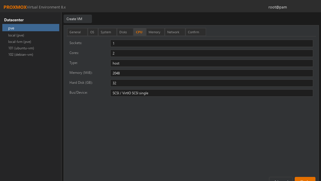 Configure CPU RAM and disk for Proxmox VM