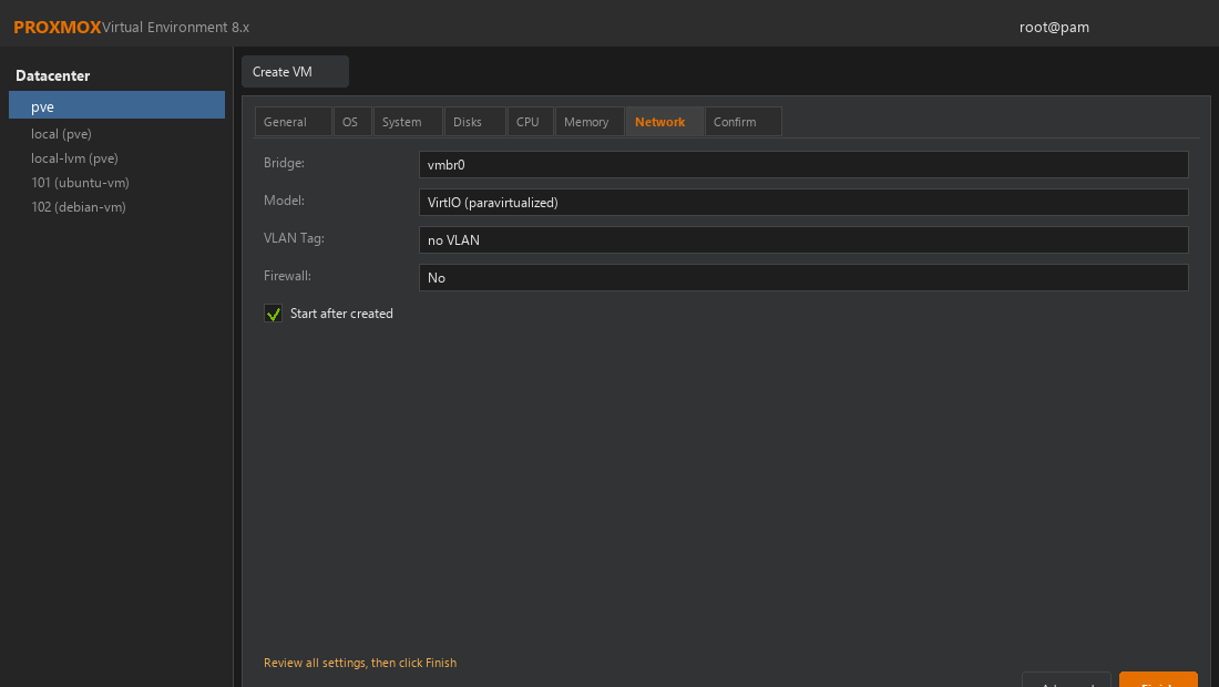 Configure Proxmox VM network settings and finish wizard