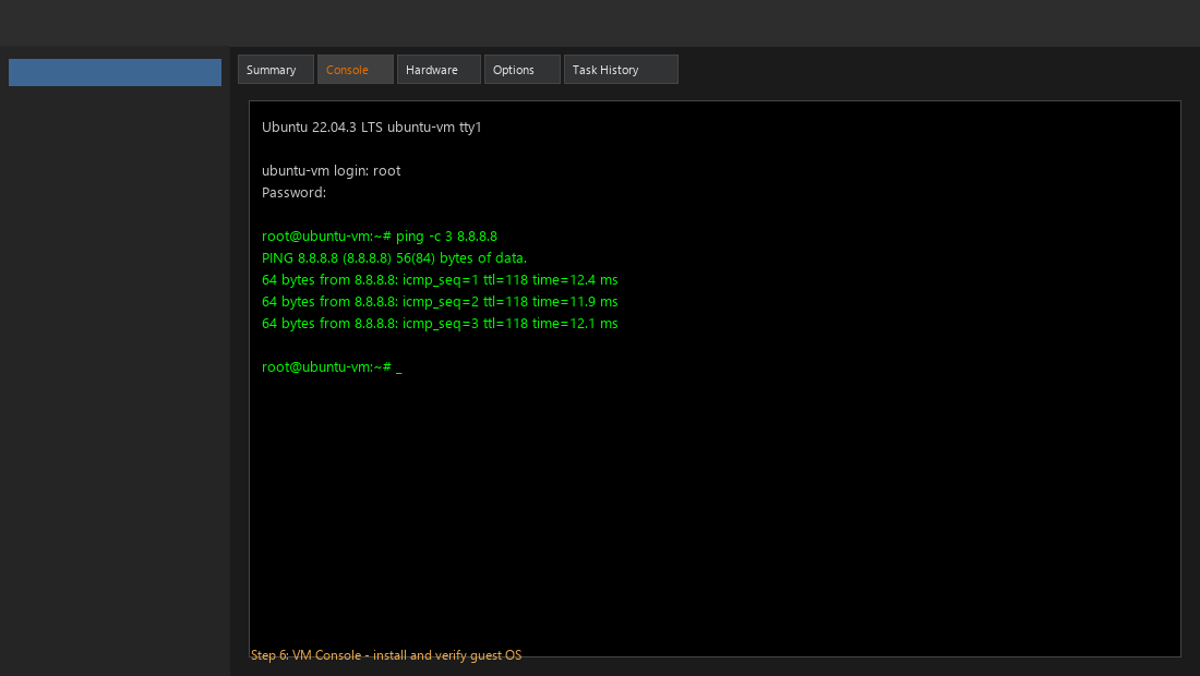 Install guest OS and verify Proxmox virtual machine