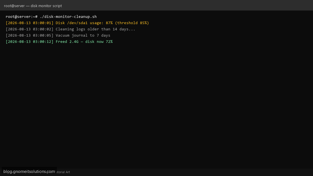 Linux disk monitor cleanup shell script terminal output