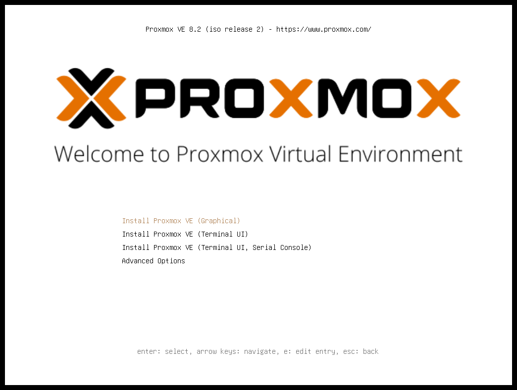 Proxmox VE boot menu - Install Proxmox VE Graphical