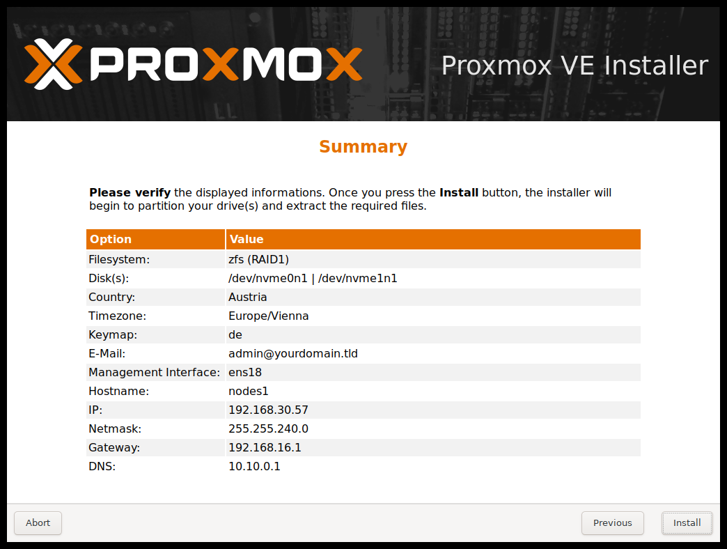 Proxmox installer configuration summary before install