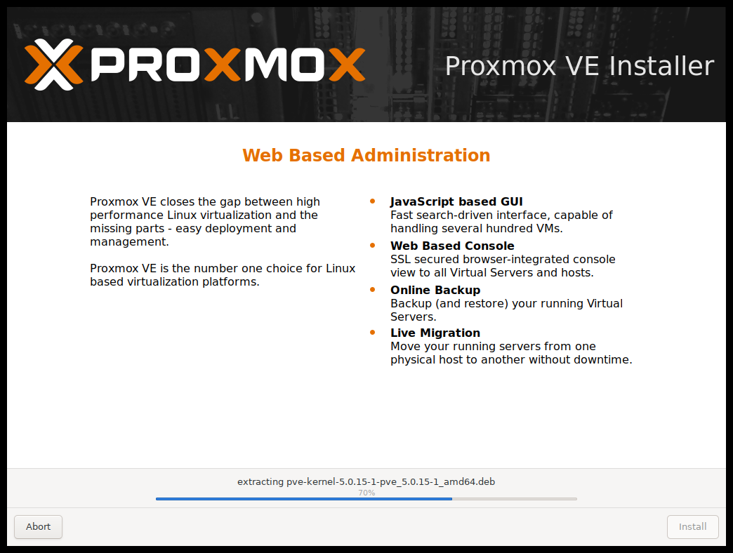 Proxmox VE installation in progress copying packages