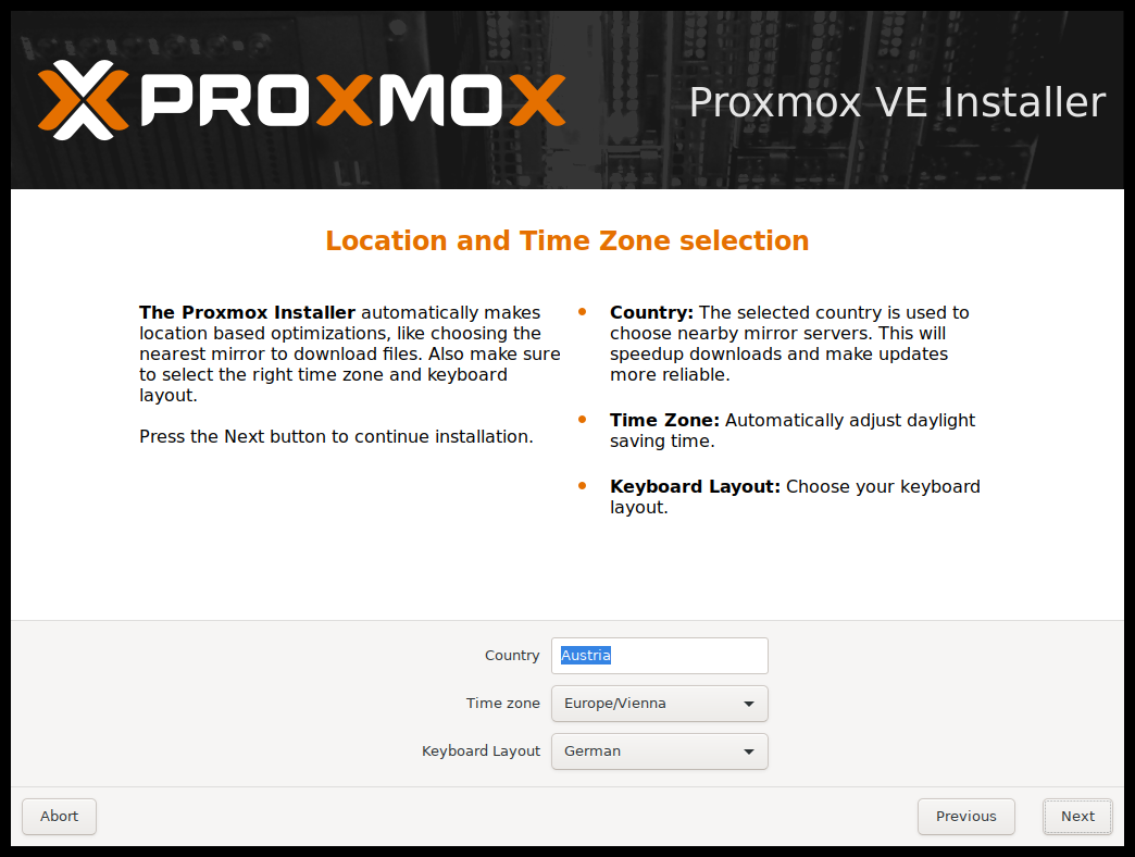 Proxmox installer country timezone keyboard settings