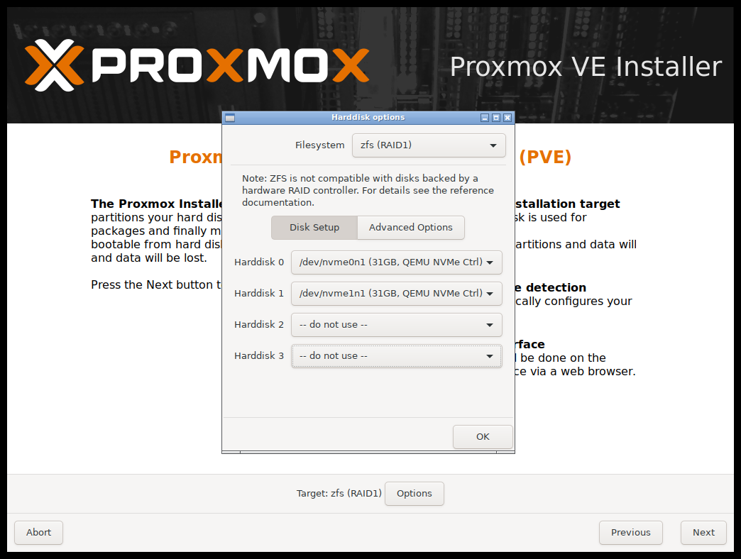 Proxmox installer select target disk and filesystem